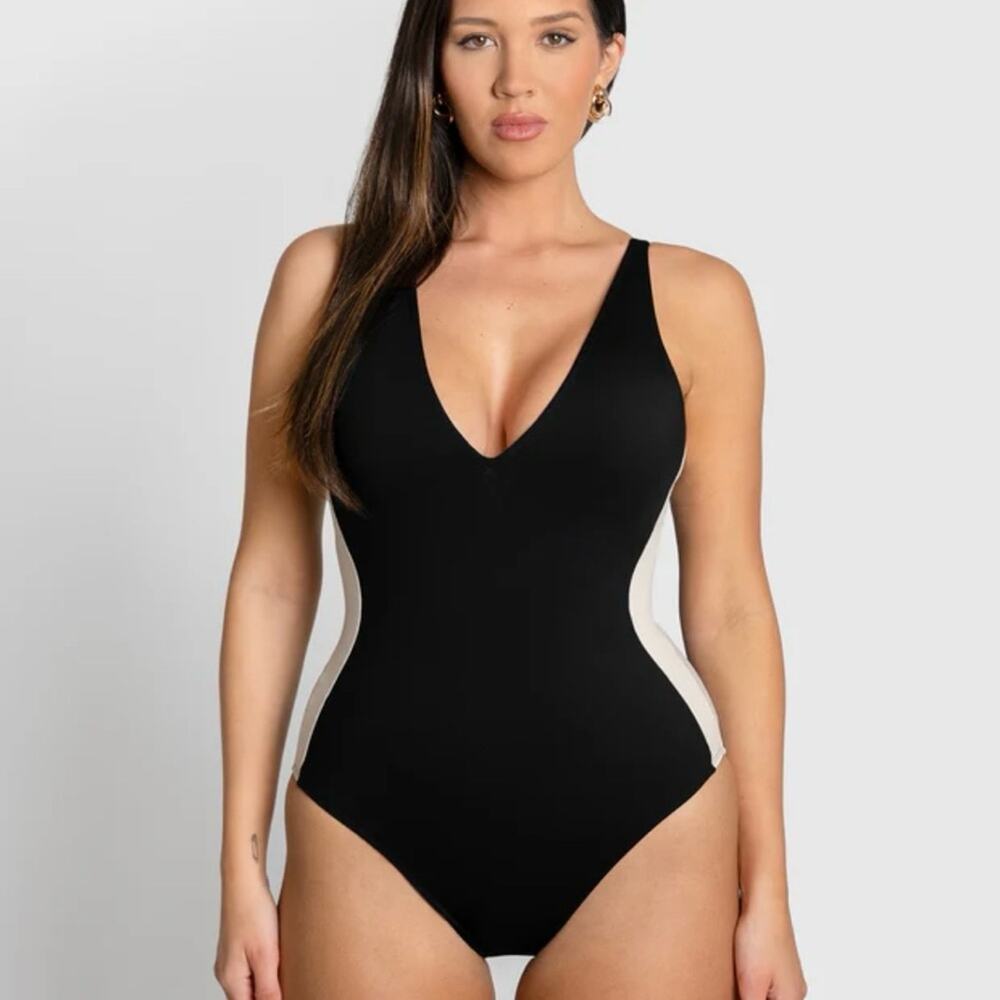 NEW TA3 Plungey Contour Black/Oat Low-Cut One Piece Swimsuit, Women's Large $178